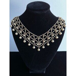 Vintage 1950's Three Layered Gold Tone Bib Necklace Three Size Pearls Triangle
